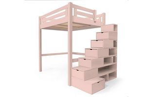 ABC MEUBLES - abc meubles - lit mezzanine alpage bois + escalier cube hauteur réglable rose pastel 160x200 - Lit Mezzanine Enfant