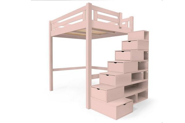 ABC MEUBLES - Lit mezzanine enfant-ABC MEUBLES-Abc meubles - lit mezzanine alpage bois + escalier cube hauteur réglable rose pastel 160x200