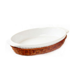WHITE LABEL - plat ovale en céramique avec support en osier - Baking Tray