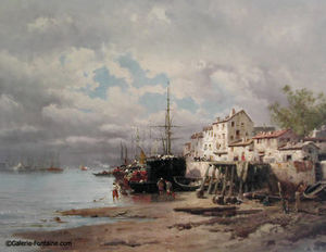 Fontaine - scène de port - Oil On Canvas And Oil On Panel