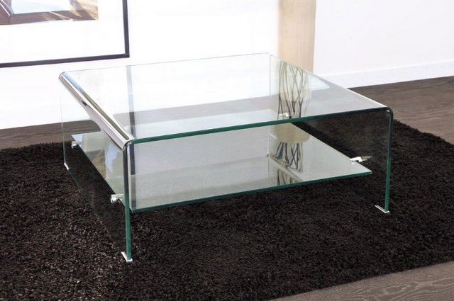 WHITE LABEL - Square coffee table-WHITE LABEL-WAVE Table basse carrée en verre double plateau 80