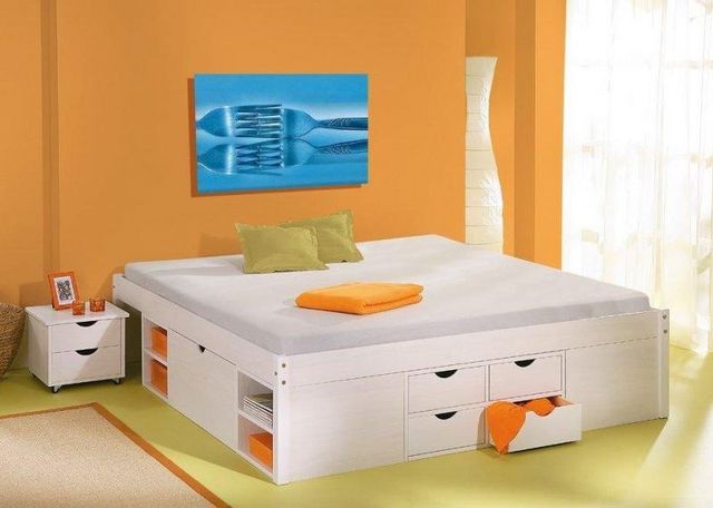 WHITE LABEL - Double bed with drawers-WHITE LABEL-Lit multi rangement TILL en pin massif blanc couch