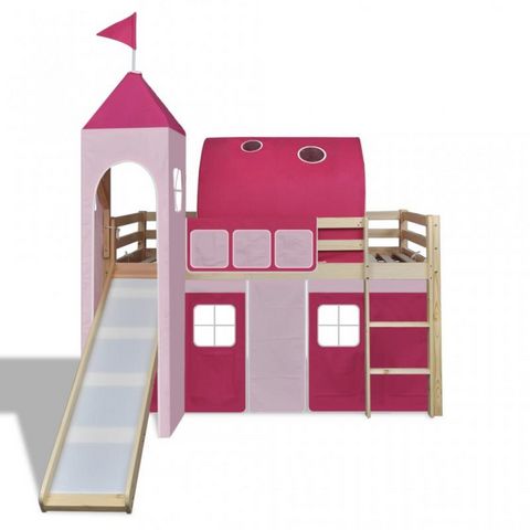 WHITE LABEL - Children's bed-WHITE LABEL-Lit mezzanine bois avec échelle toboggan et déco rose